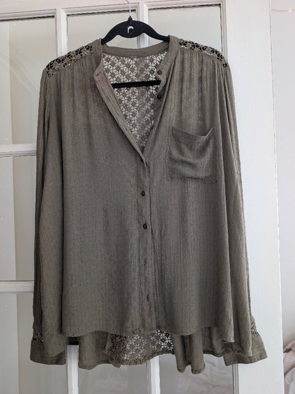 Free People Olive Green Crochet Lace Boho Front Blouse Top